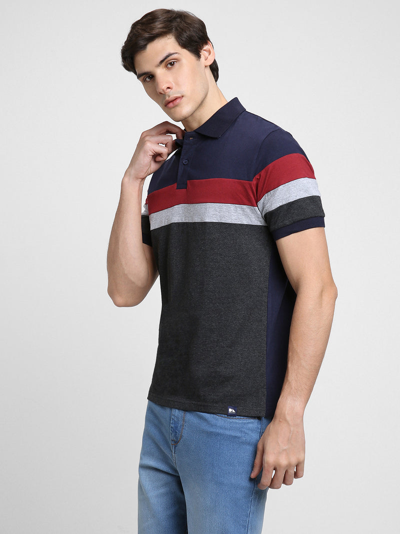Dennis Lingo Men's Spread Collar Regular Fit Y/D Stripes Navy T-Shirts