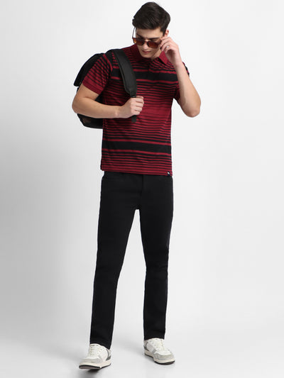 Men's Spread Collar Regular Fit Y/D Stripes Maroon T-shirt