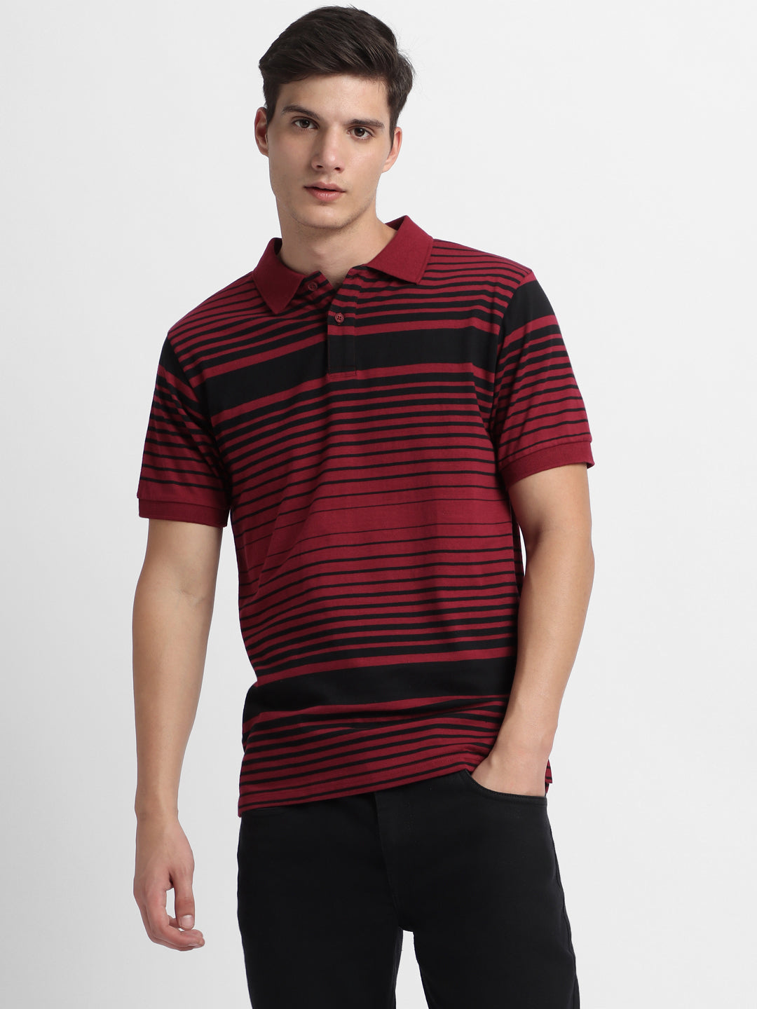 Men's Spread Collar Regular Fit Y/D Stripes Maroon T-shirt