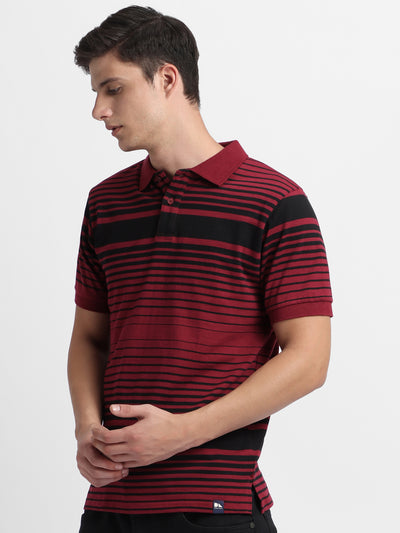 Men's Spread Collar Regular Fit Y/D Stripes Maroon T-shirt