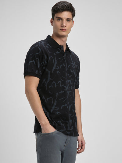 Dennis Lingo Men's Spread Collar Slim Fit Aop Black T-Shirts