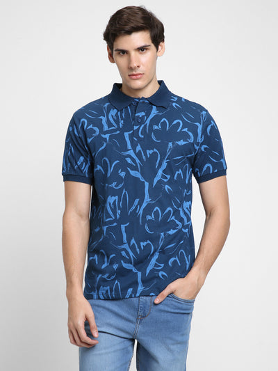 Men's Spread Collar Slim Fit Aop Blue T-shirt