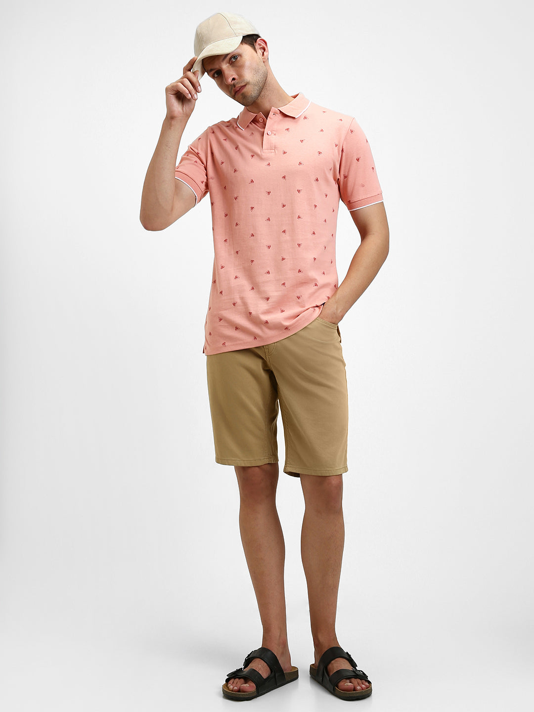 Men's Spread Collar Regular Fit Aop Pink Polo T-Shirt