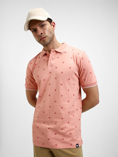 Men's Spread Collar Regular Fit Aop Pink Polo T-Shirt