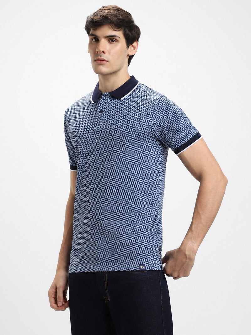 Men's Spread Collar Regular Fit Aop Navy T-shirt