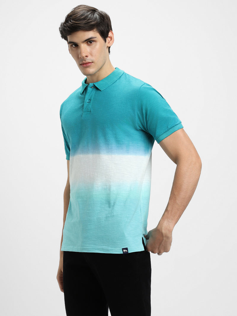 Men's Spread Collar Regular Fit Ombre Green T-Shirt