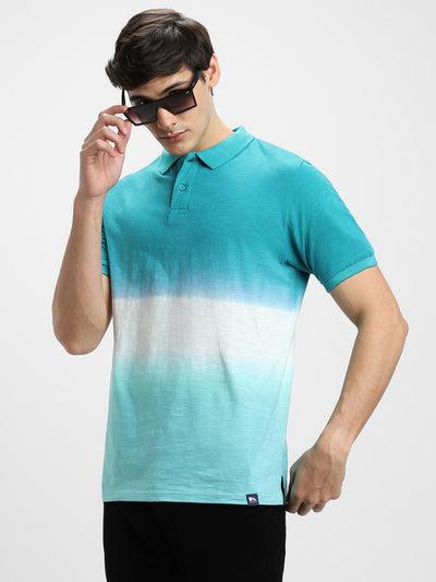 Men's Spread Collar Regular Fit Ombre Green T-Shirt