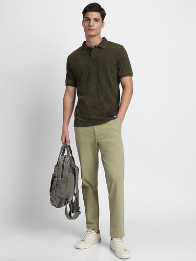 Men's Spread Collar Regular Fit Washed Effect Olive Polo T-Shirt