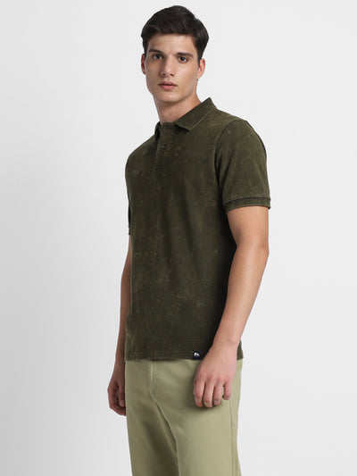 Men's Spread Collar Regular Fit Washed Effect Olive Polo T-Shirt