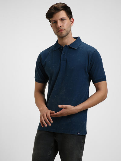 Men's Spread Collar Regular Fit Washed Effect Teal Polo T-Shirt