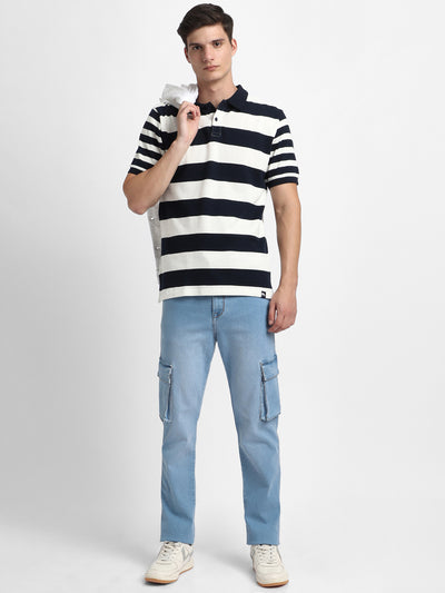 Dennis Lingo Men's Spread Collar Regular Fit Y/D Stripes Navy T-Shirt