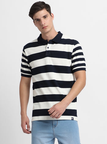 Men's Spread Collar Regular Fit Y/D Stripes Navy T-Shirt