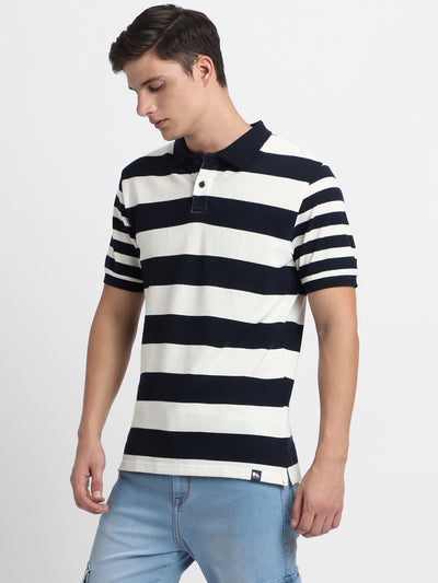 Dennis Lingo Men's Spread Collar Regular Fit Y/D Stripes Navy T-Shirt