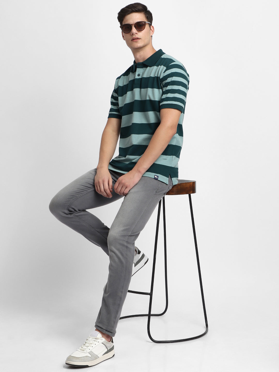 Dennis Lingo Men's Spread Collar Regular Fit Y/D Stripes Teal T-Shirts