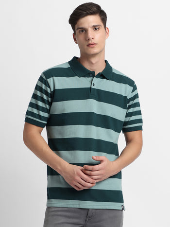 Men's Spread Collar Regular Fit Y/D Stripes Teal T-shirt