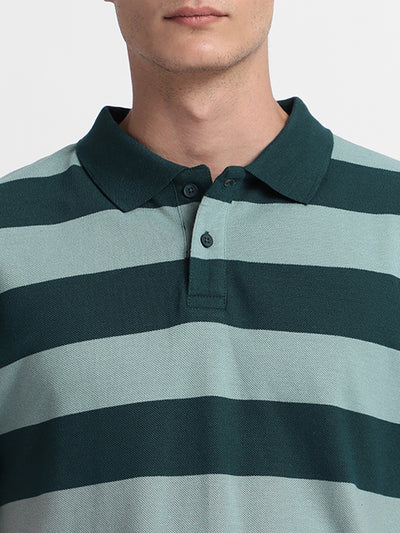 Dennis Lingo Men's Spread Collar Regular Fit Y/D Stripes Teal T-Shirts