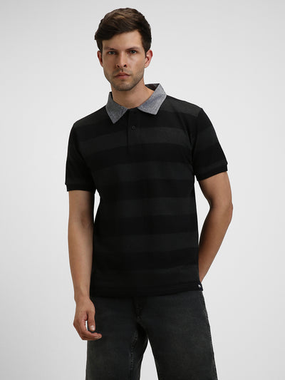 Men's Spread Collar Regular Fit Y/D Stripes Grey Polo T-Shirt