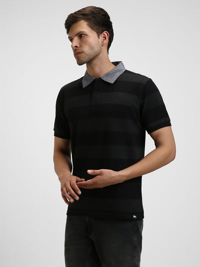 Men's Spread Collar Regular Fit Y/D Stripes Grey Polo T-Shirt