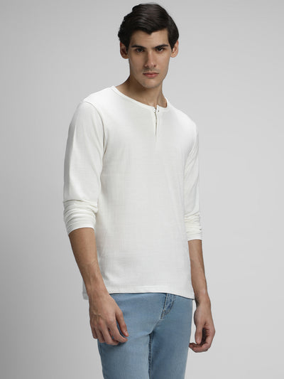 Men's White Solid Henley neck Full Sleeves Casual T-Shirt