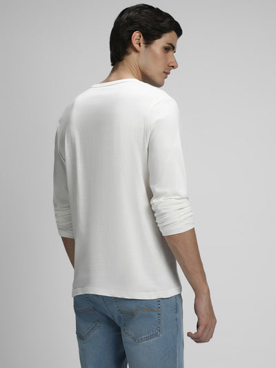 Men's White Solid Henley neck Full Sleeves Casual T-Shirt