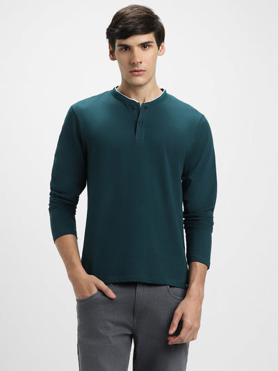 Men's Teal Solid Henley Neck Full Sleeves Casual T-Shirt