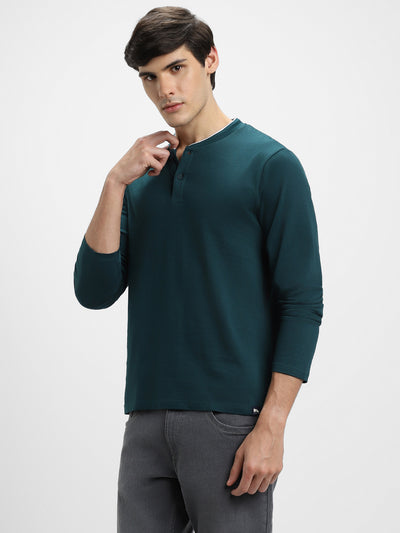 Men's Teal Solid Henley Neck Full Sleeves Casual T-Shirt