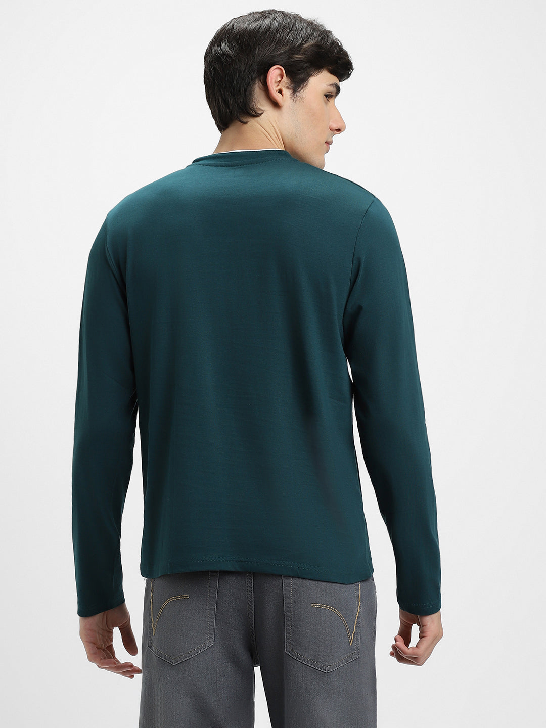 Men's Teal Solid Henley Neck Full Sleeves Casual T-Shirt