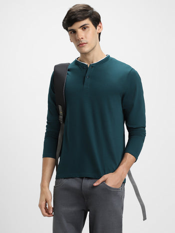 Men's Teal Solid Henley Neck Full Sleeves Casual T-Shirt