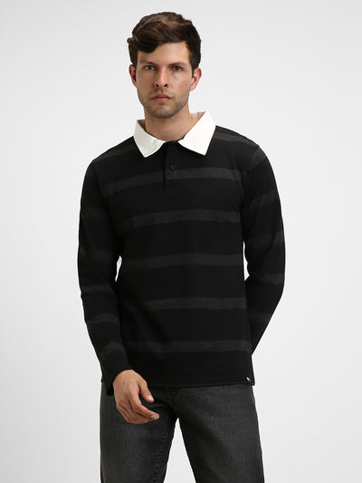 Men's Spread Collar Regular Fit Y/D Stripes Black T-Shirt