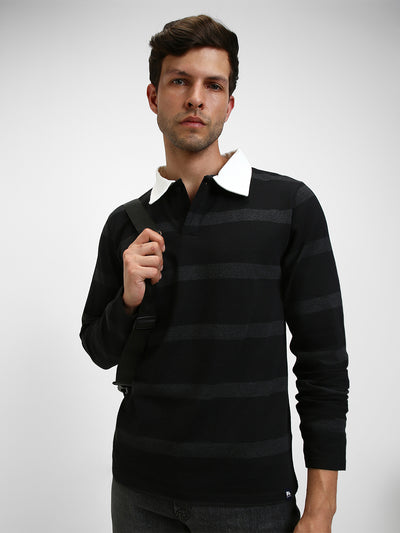 Men's Spread Collar Regular Fit Y/D Stripes Black T-Shirt