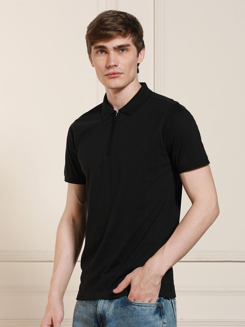 Dennis Lingo Men Black Solid Polo Collar Half Sleeves Casual T-Shirt