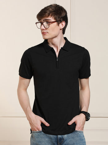 Men's Black Solid Polo Collar Half Sleeves Casual T-Shirt