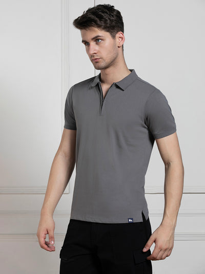 Dennis Lingo Men's Charcoal Polo Collar Solid Regular Fit T-Shirt