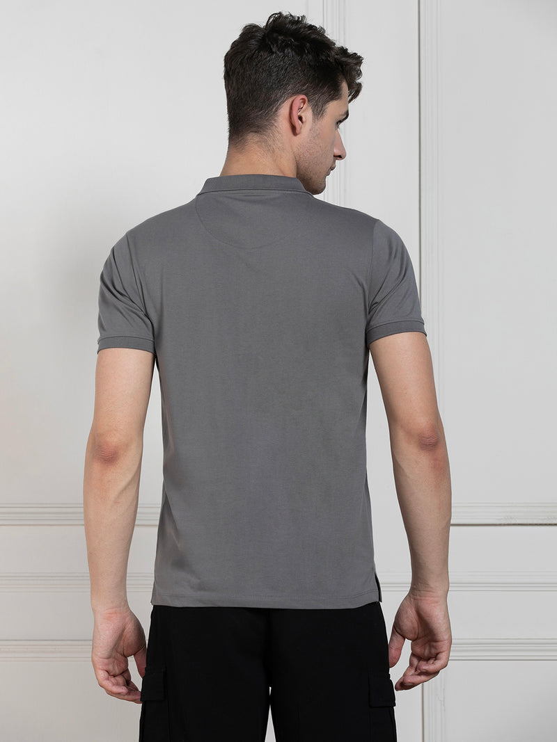 Dennis Lingo Men's Charcoal Polo Collar Solid Regular Fit T-Shirt