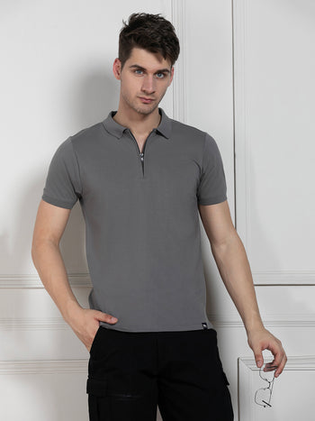 Men's Charcoal Polo Collar Solid Regular Fit T-Shirt