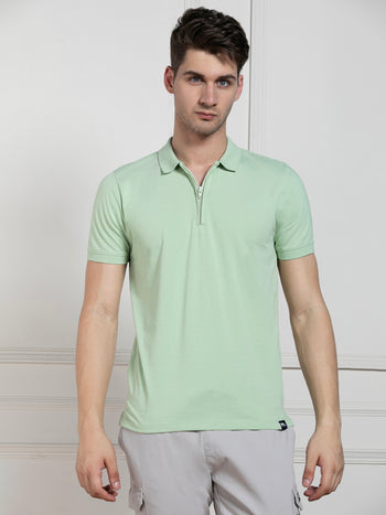 Men's Green Polo Collar Solid Regular Fit T-Shirt