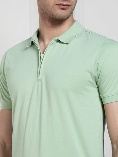 Men's Green Polo Collar Solid Regular Fit T-Shirt