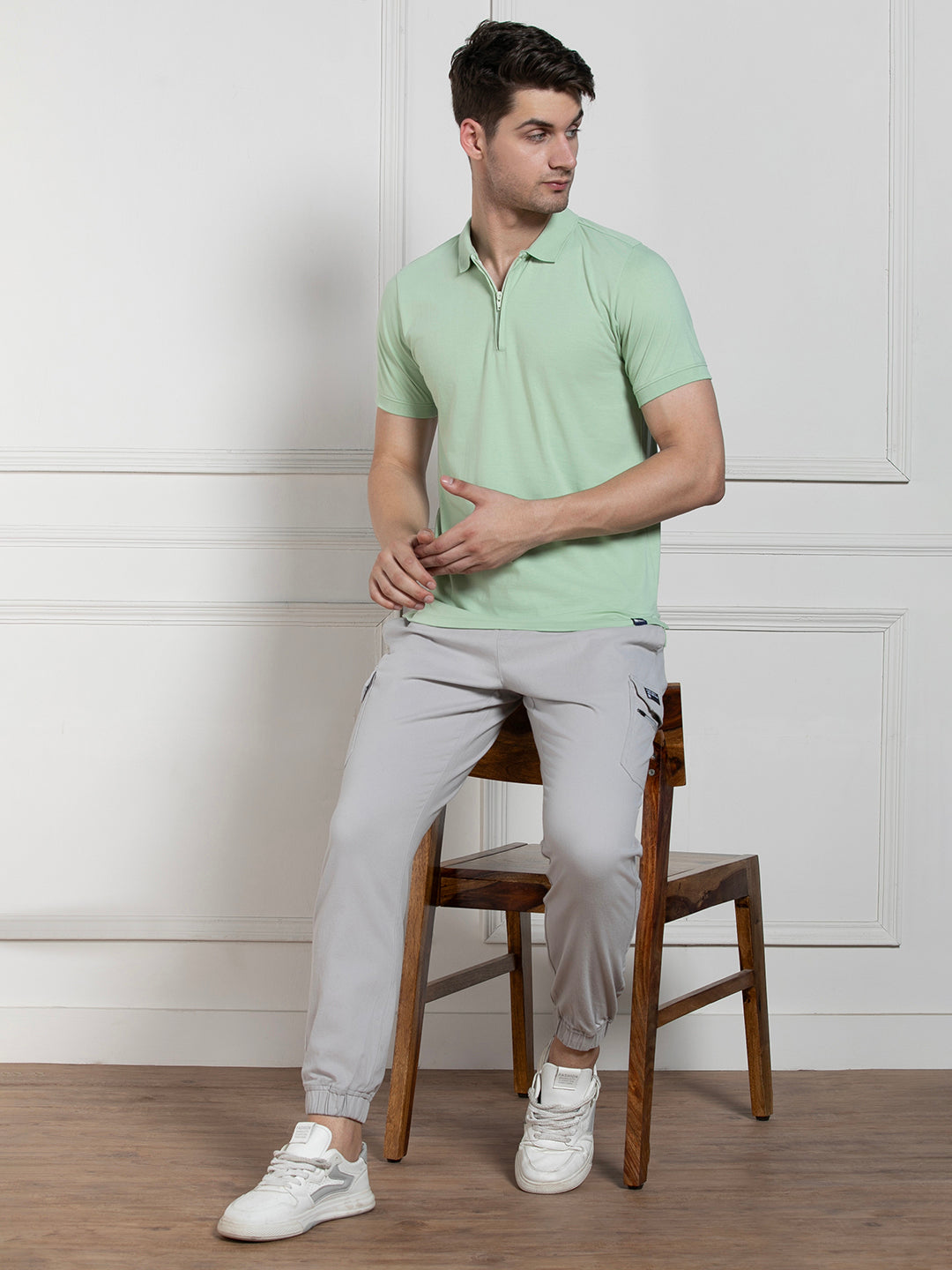 Men's Green Polo Collar Solid Regular Fit T-Shirt