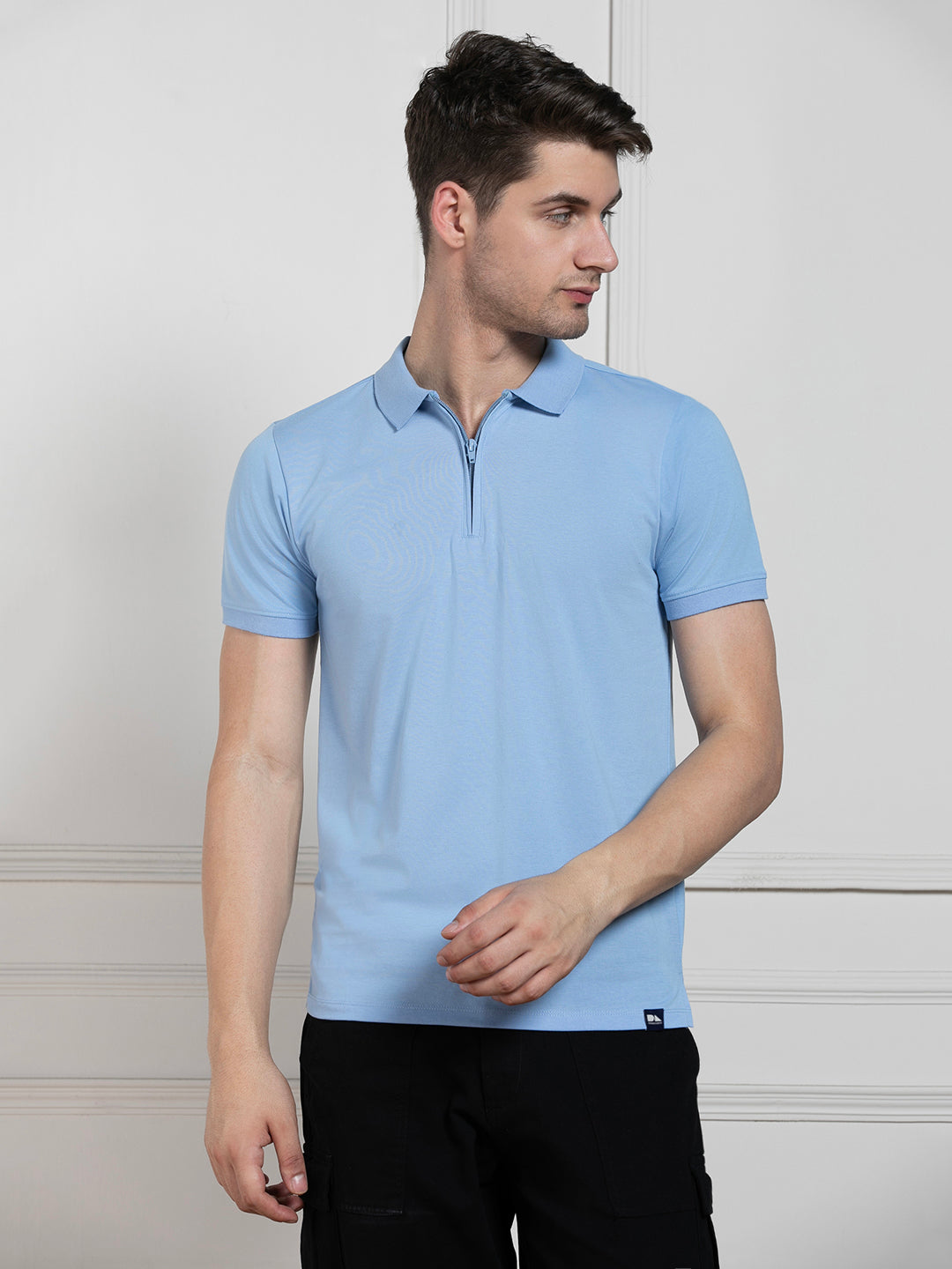 Men's Light Blue Polo Collar Solid Regular Fit T-Shirt