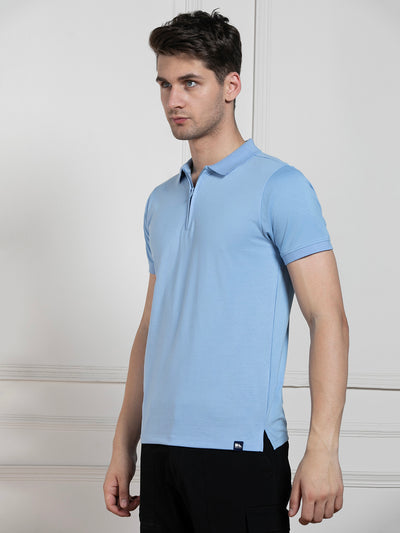 Men's Light Blue Polo Collar Solid Regular Fit T-Shirt