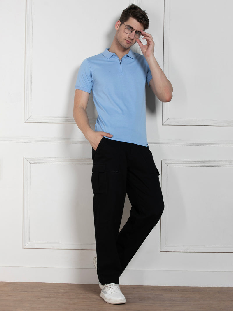 Men's Light Blue Polo Collar Solid Regular Fit T-Shirt