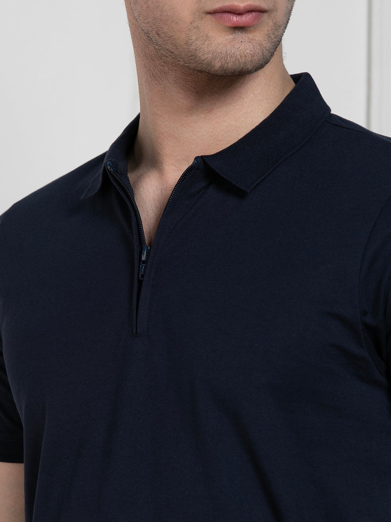 Dennis Lingo Men's Navy Polo Collar Solid Regular Fit T-Shirt
