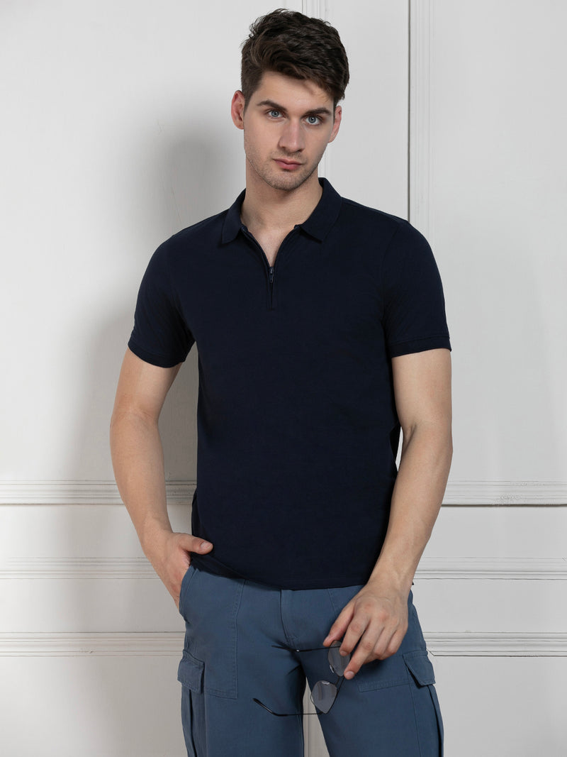 Dennis Lingo Men's Navy Polo Collar Solid Regular Fit T-Shirt