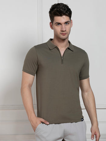 Men's Olive Polo Collar Solid Regular Fit T-Shirt