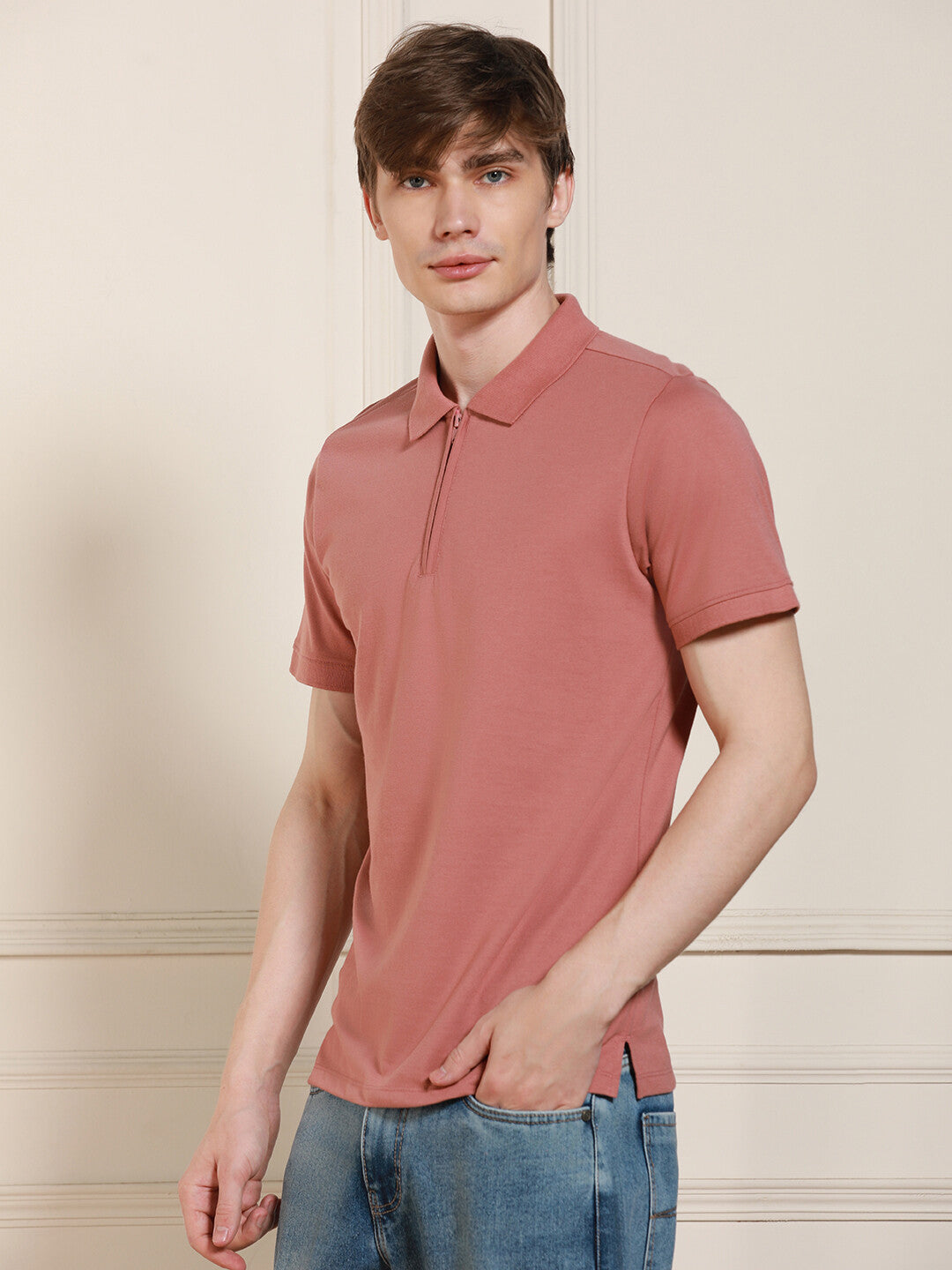 Dennis Lingo Men Pink Solid Polo Collar Half Sleeves Casual T-Shirt