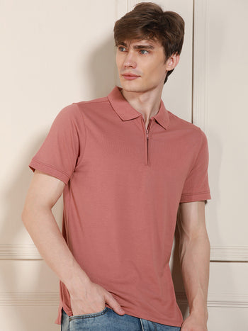 Men's Pink Solid Polo Collar Half Sleeves Casual T-Shirt