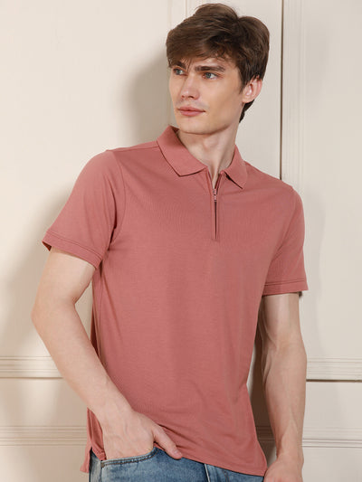 Dennis Lingo Men Pink Solid Polo Collar Half Sleeves Casual T-Shirt