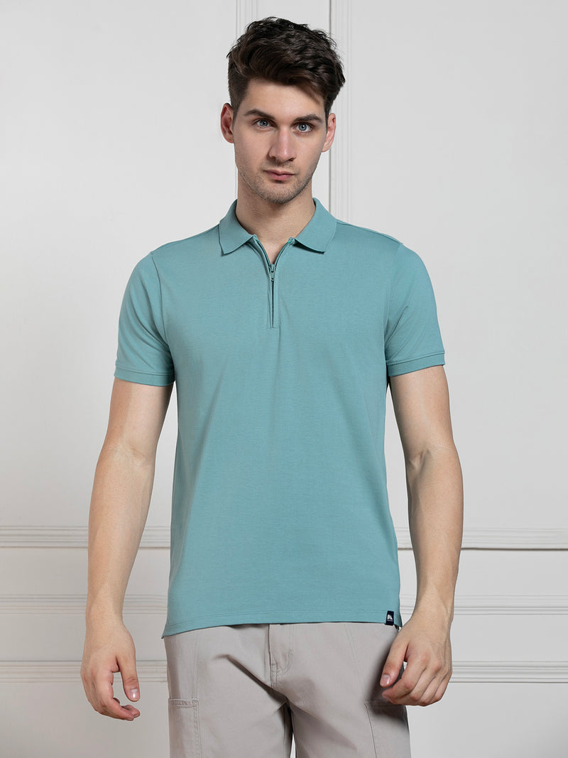 Dennis Lingo Men's Sea Blue Polo Collar Solid Regular Fit T-Shirt