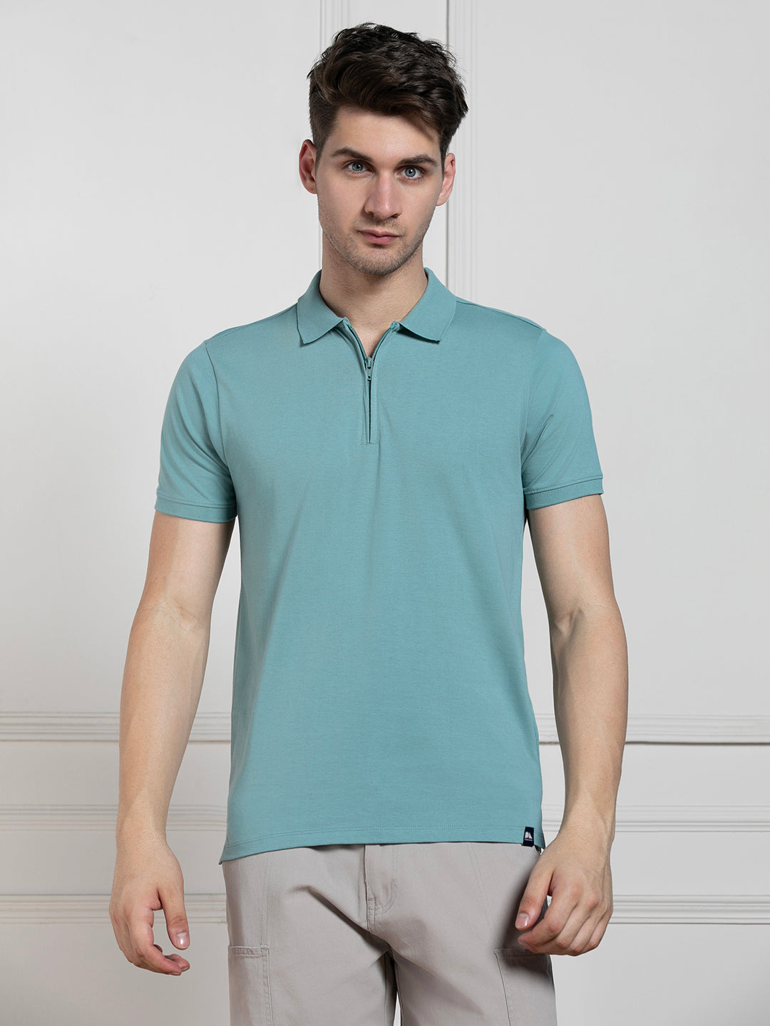 Men's Sea Blue Polo Collar Solid Regular Fit T-Shirt