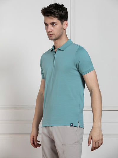 Men's Sea Blue Polo Collar Solid Regular Fit T-Shirt